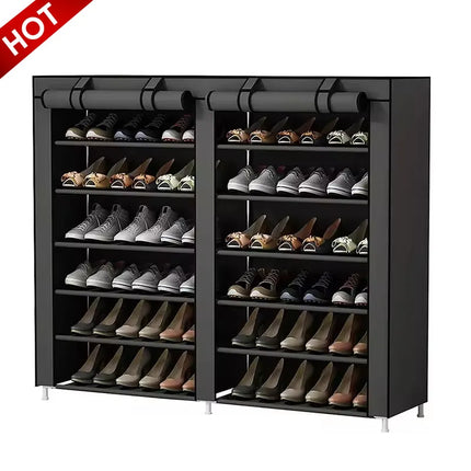 Double Non-woven Shoe Rack in Black, 6-layer Dustproof Shoe Cabinet