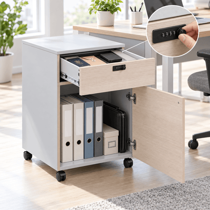 Lockable mobile filing cabinet with drawer and file storage