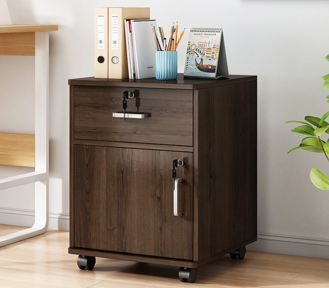Movable File Cabinet with Lock for Office Home (White/Walnut)