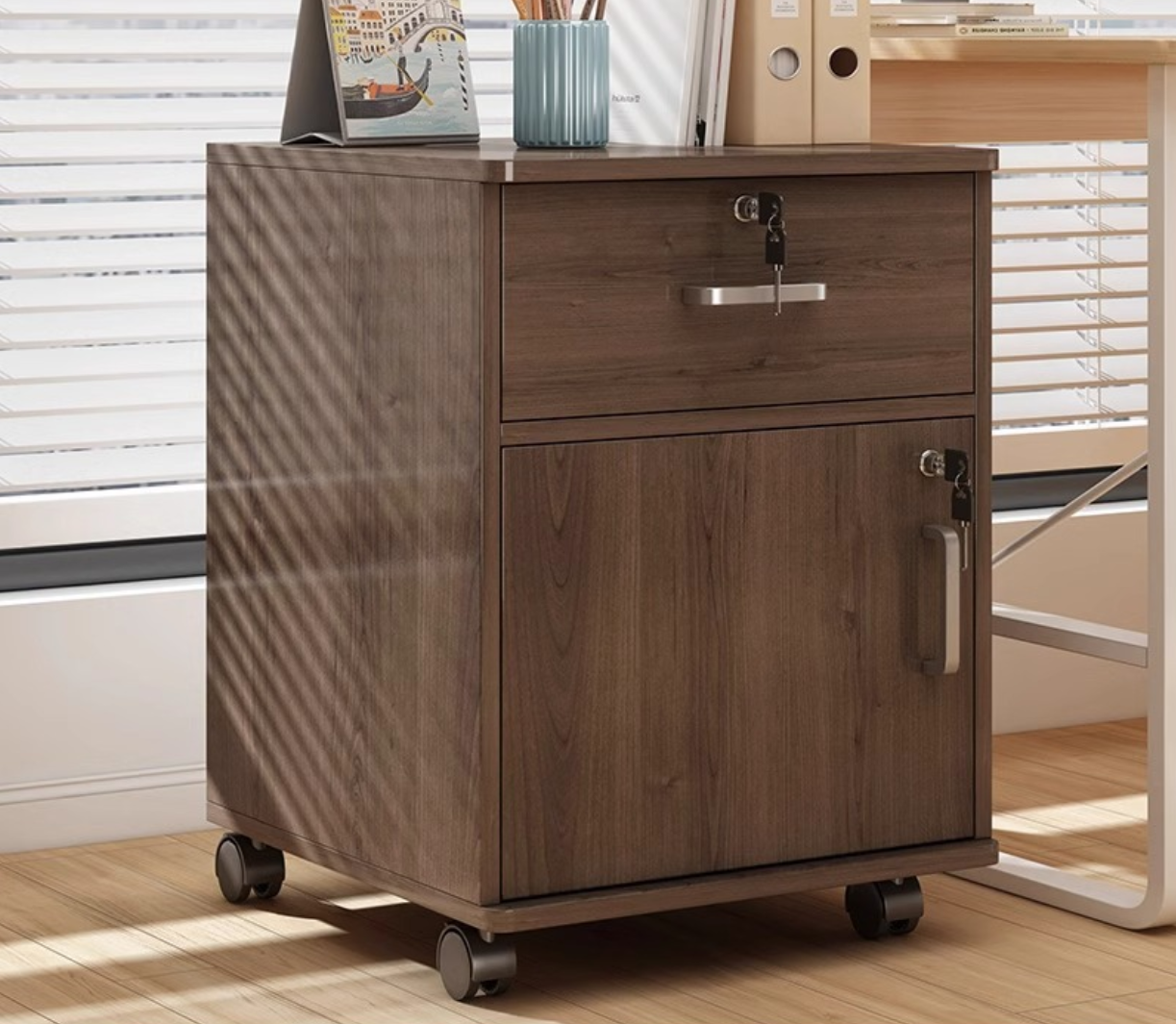 Movable File Cabinet with Lock for Office Home (White/Walnut)