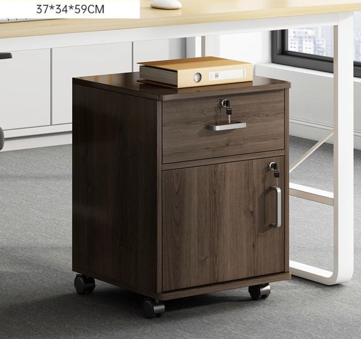 Movable File Cabinet with Lock for Office Home (White/Walnut)