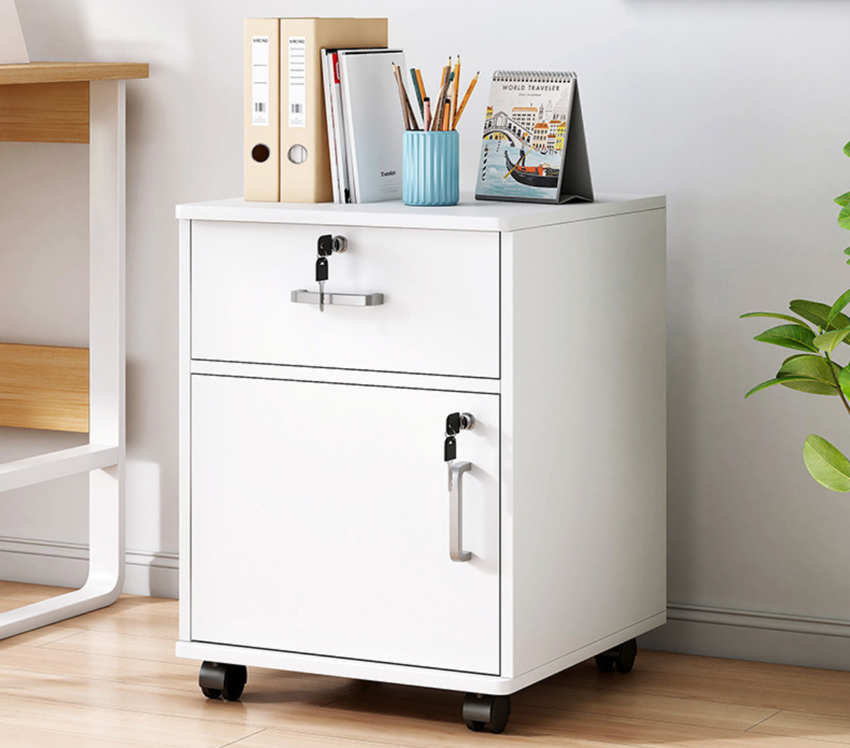 Movable File Cabinet with Lock for Office Home (White/Walnut)