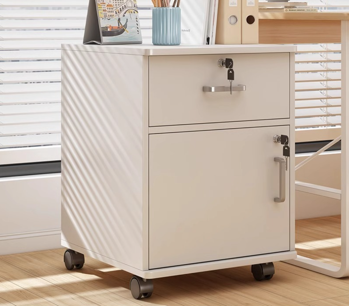 Movable File Cabinet with Lock for Office Home (White/Walnut)