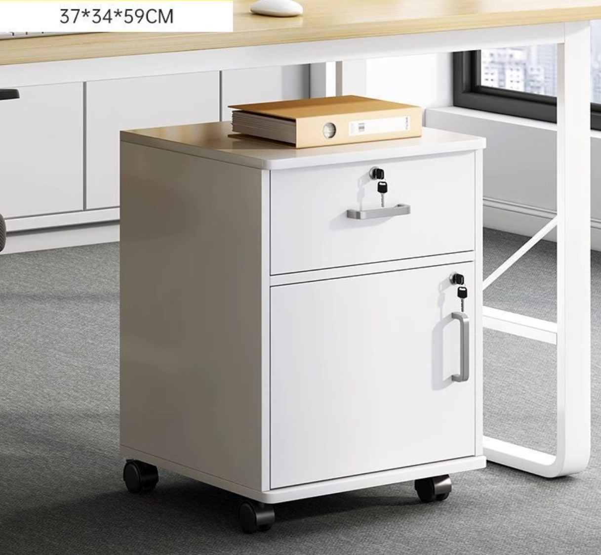 Movable File Cabinet with Lock for Office Home (White/Walnut)
