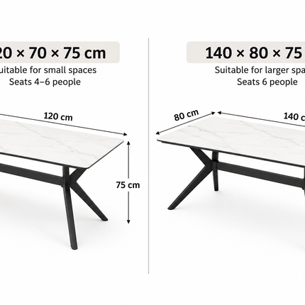 White sintered stone dining table size comparison showing 120 x 70 x 75 cm and 140 x 80 x 75 cm options with black metal legs