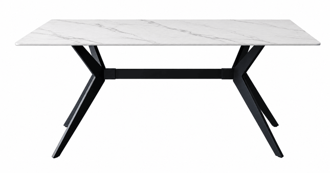 White sintered stone dining table with grey marble-effect veining and black angular metal legs on a white background