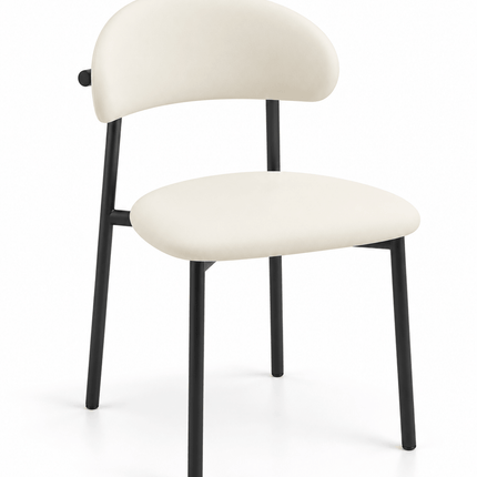 Modern cream upholstered dining chair with curved backrest and black metal legs