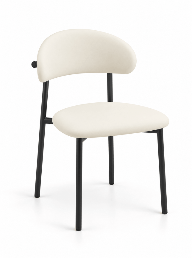 Modern cream upholstered dining chair with curved backrest and black metal legs