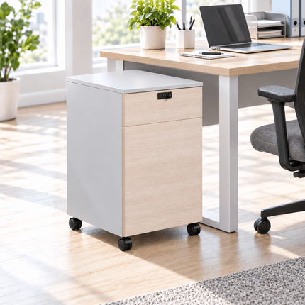 Mobile filing cabinet with combination lock and caster wheels