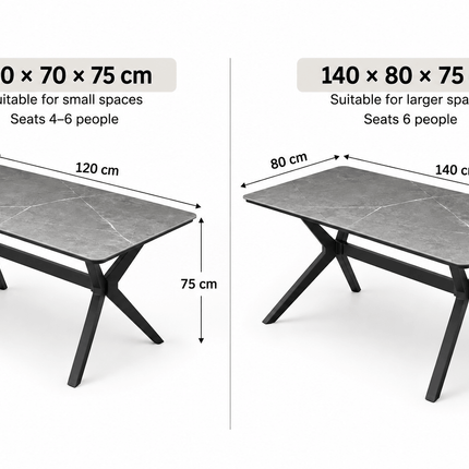 Grey sintered stone dining table dimensions showing 120 x 70 x 75 cm and 140 x 80 x 75 cm options