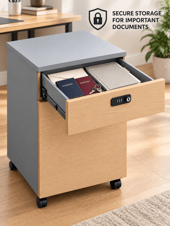 Mobile filing cabinet with combination lock and caster wheels
