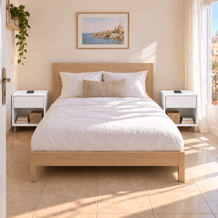 Pair of Snow White bedside tables in modern bedroom