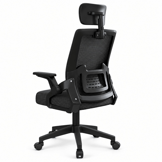 Rear view of black ergonomic mesh office chair showing lumbar support and headrest