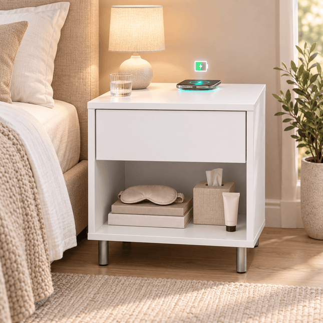 Snow White bedside table with smart phone charging