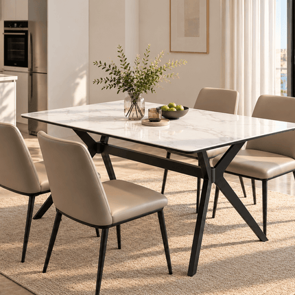 Modern white sintered stone dining table with black angular metal legs and four beige upholstered chairs in a sunlit dining room