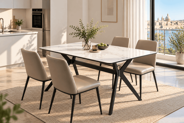 Modern white sintered stone dining table with black angular metal legs and four beige upholstered chairs in a sunlit dining room