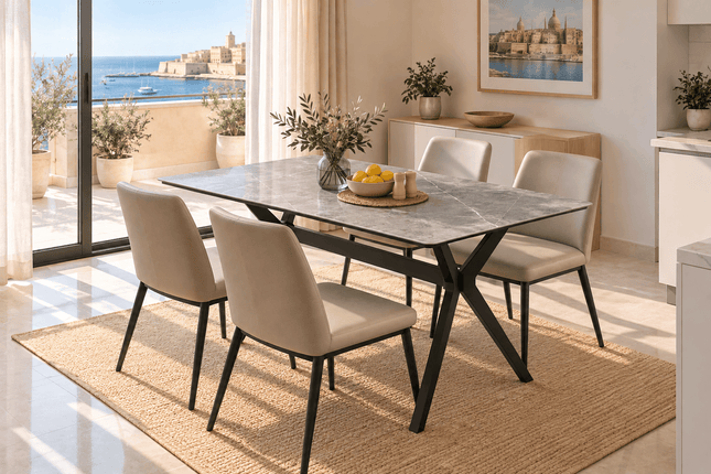 Grey sintered stone dining table with black X-shaped legs in a Mediterranean-style dining room