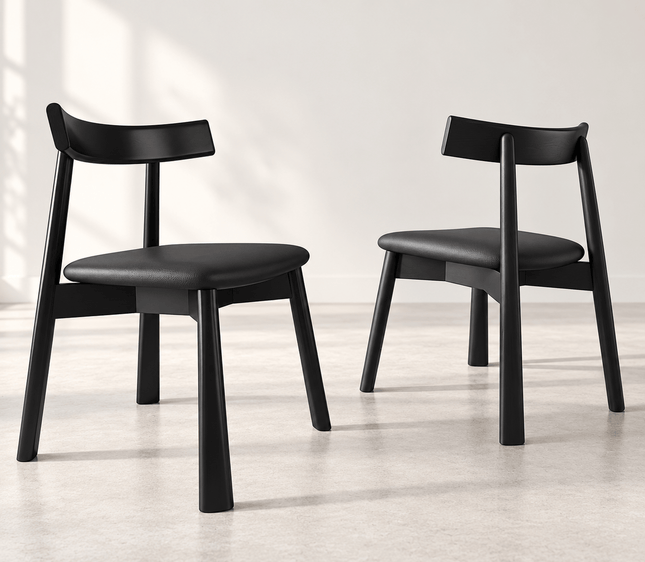 Front and rear views of black wooden dining chairs with upholstered seats