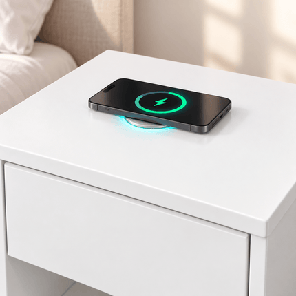Smart charging function on white bedside table