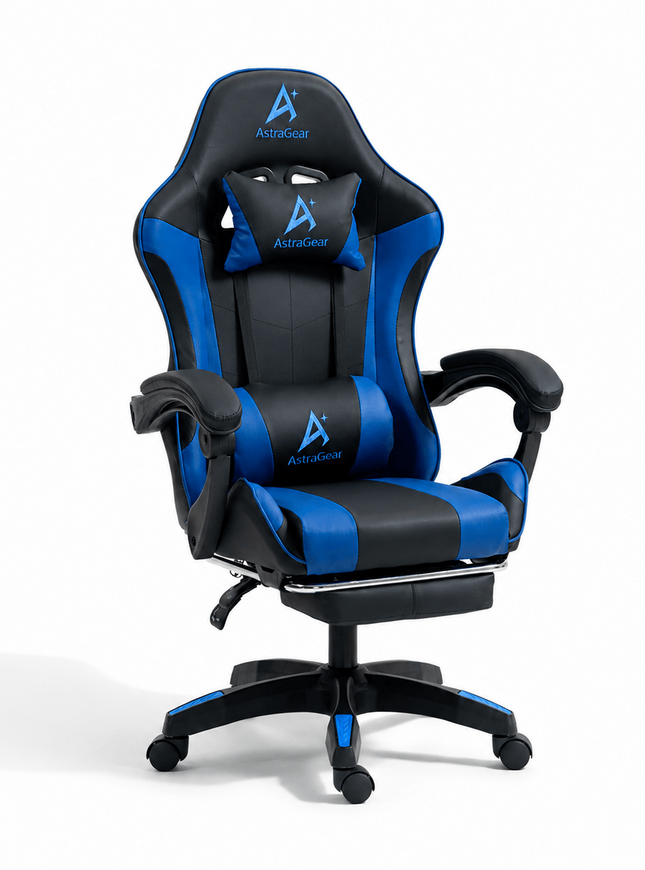 Blue and black AstraGear ergonomic gaming chair with headrest and lumbar support