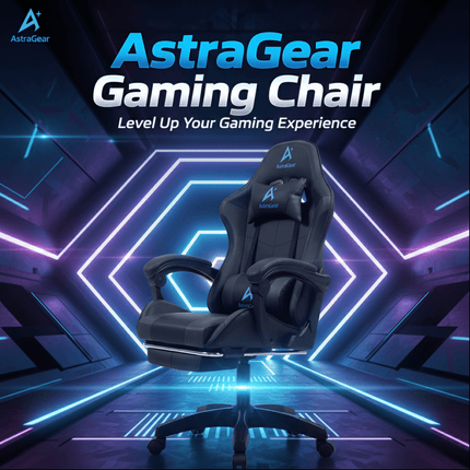 AstraGear gaming chair promotional banner with futuristic neon background