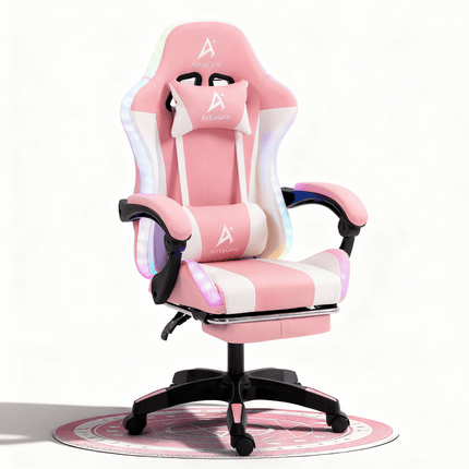 Pink and white AstraGear gaming chair with RGB lighting