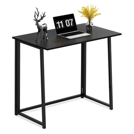 Black folding computer desk with metal frame and compact tabletop