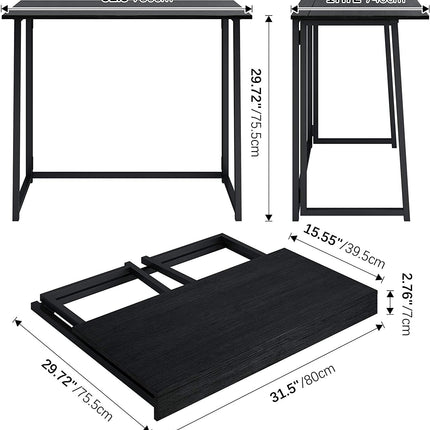 Black folding desk dimensions showing 80cm width, 45cm depth and 75.5cm height