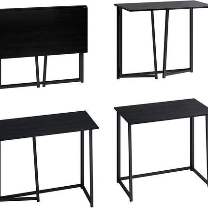Black folding desk shown in folded and unfolded positions