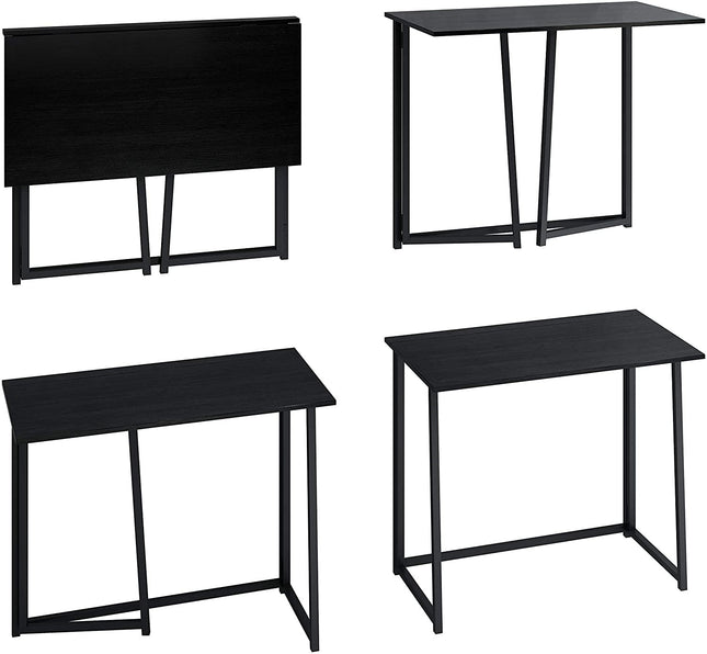 Black folding desk shown in folded and unfolded positions