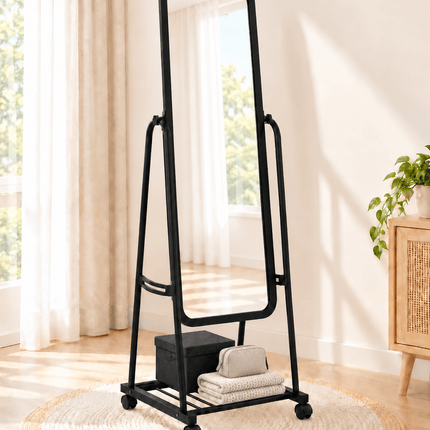 Black full-length standing mirror with wheels and bottom storage shelf