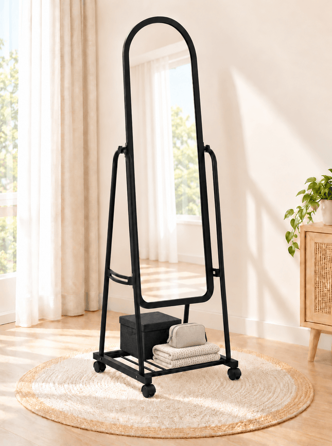 Black full-length standing mirror with wheels and bottom storage shelf