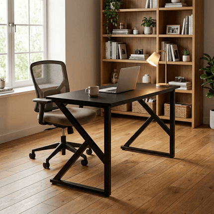 Black gaming desk in modern study room with office chair