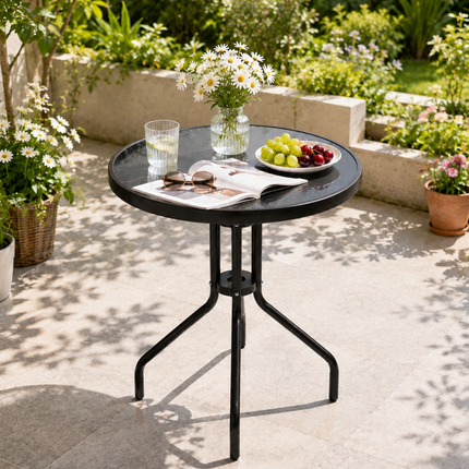 Black outdoor patio table with tempered glass tabletop