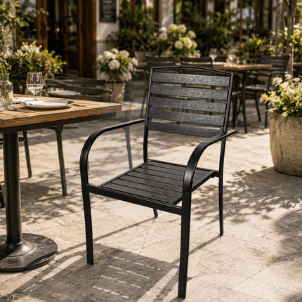 Black metal outdoor dining chair for cafe terrace and patio seating