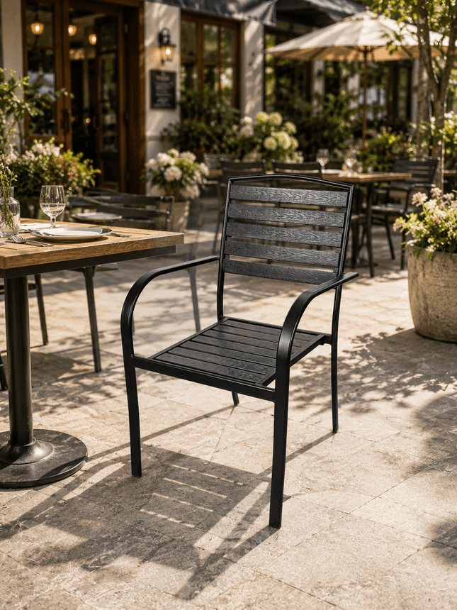 Black metal outdoor dining chair for cafe terrace and patio seating