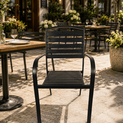 Commercial black metal outdoor dining chair with armrests