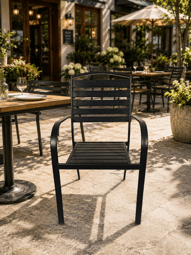 Commercial black metal outdoor dining chair with armrests