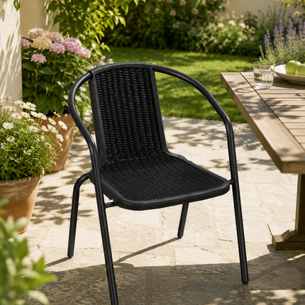 Black outdoor patio chair with woven design and armrests