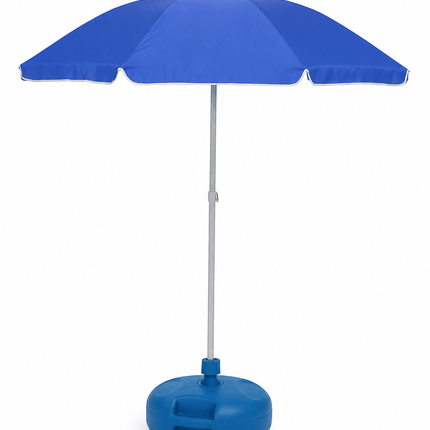Blue beach umbrella with 20L weighted base for outdoor use