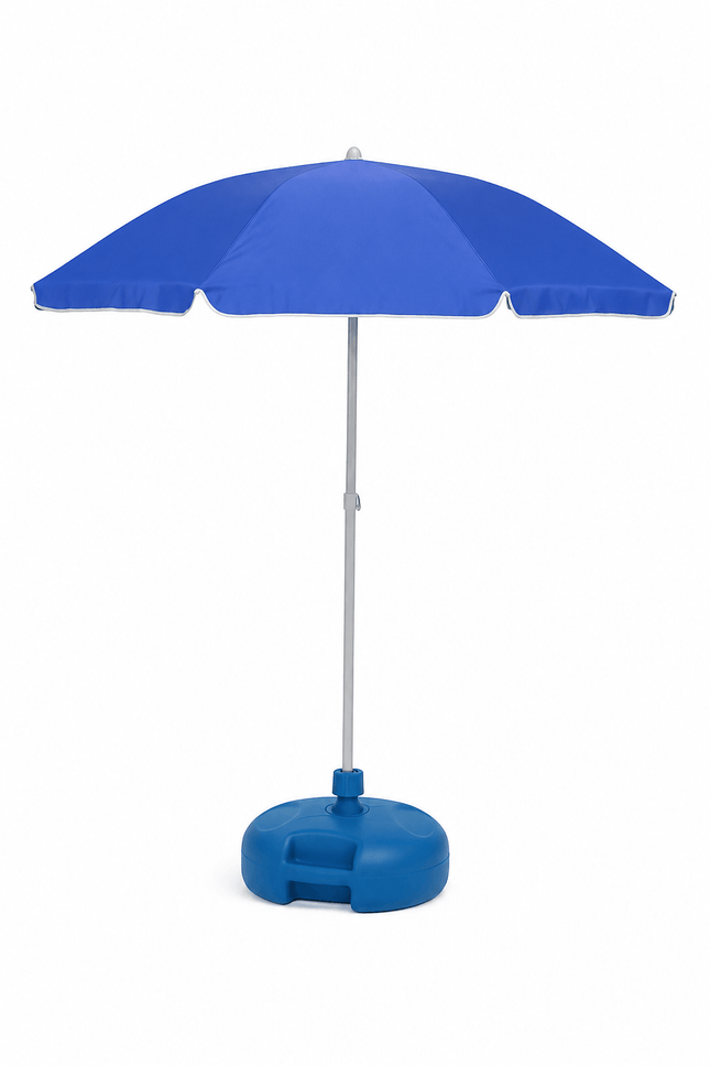 Blue beach umbrella with 20L weighted base for outdoor use
