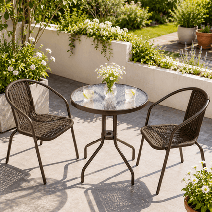 Brown outdoor balcony bistro set with glass table and chairs