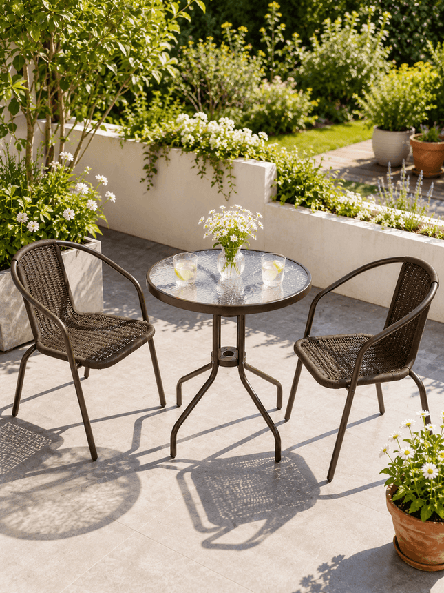 Brown outdoor balcony bistro set with glass table and chairs