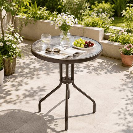 Brown round outdoor bistro table with tempered glass top