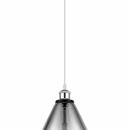 Chrome cone pendant light with smoky grey glass shade and exposed bulb