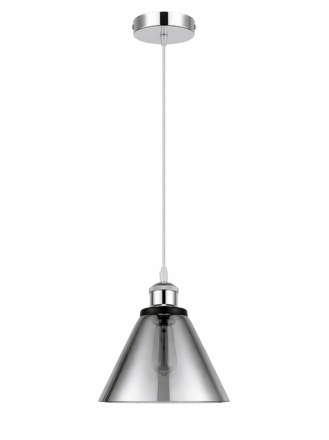 Chrome cone pendant light with smoky grey glass shade and exposed bulb