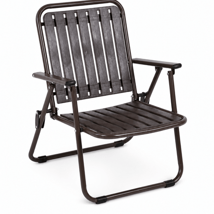 Compact folding outdoor chair with low seat and armrests