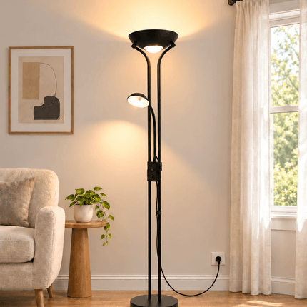 Dimmable mother and child floor lamp with LED lights in a modern living room