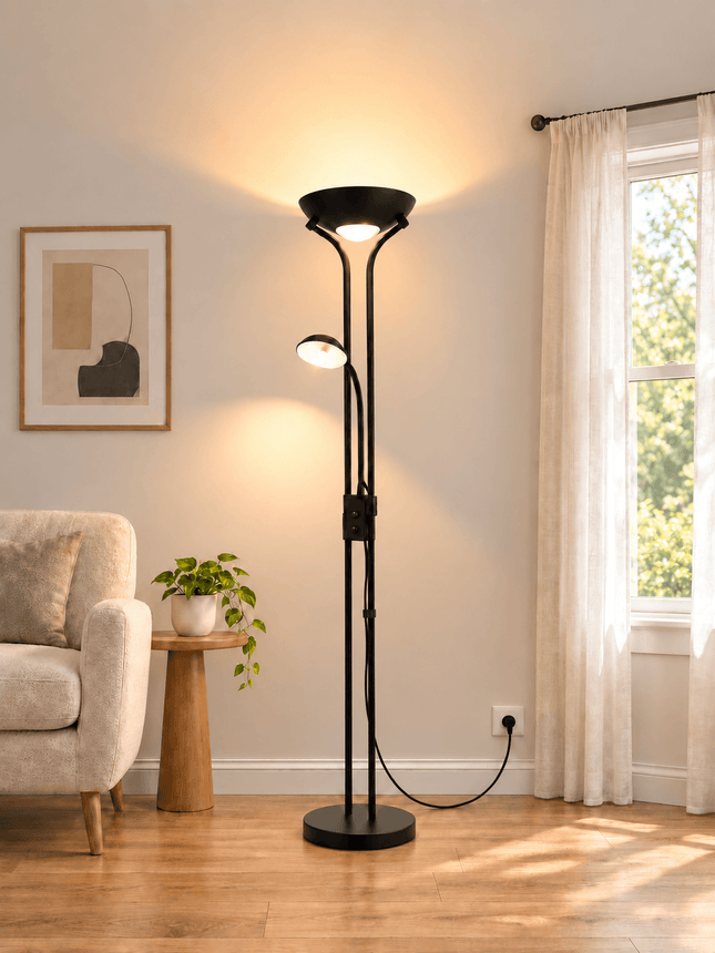 Dimmable mother and child floor lamp with LED lights in a modern living room