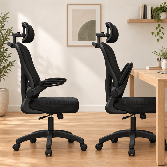 Black ergonomic office chair with adjustable headrest and flip-up armrests